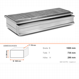 Kohlegrill, Edelstahl, feuerfester Stein, Ascheschublade, 1600×730×290 mm – Abmessungen