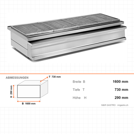 Kohlegrill, Edelstahl, feuerfester Stein, Ascheschublade, 1600×730×290 mm – Abmessungen