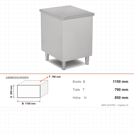 Buffettheke neutral, Edelstahl, optionale Holzfront, höhenverstellbare Füße, 1150×790×850 mm – Abmessungen