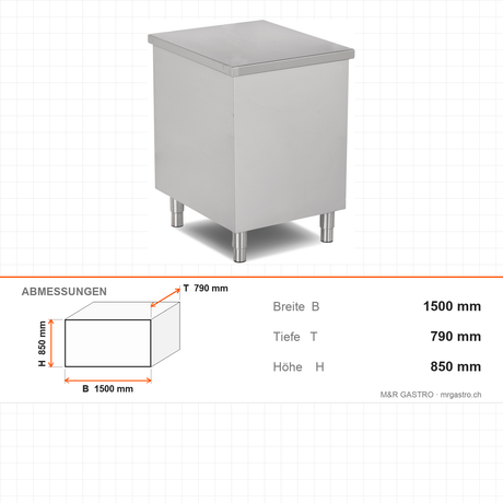 Edelstahl Arbeitstisch, neutral, mit Holzfront, höhenverstellbare Füße, 95 kg, 1500×790×850 mm – Abmessungen