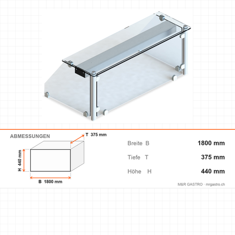 Buffetaufsatz Ganzglas, Neutralservice, 1800×375×440 mm, Volumen 1,2 m³ – Abmessungen