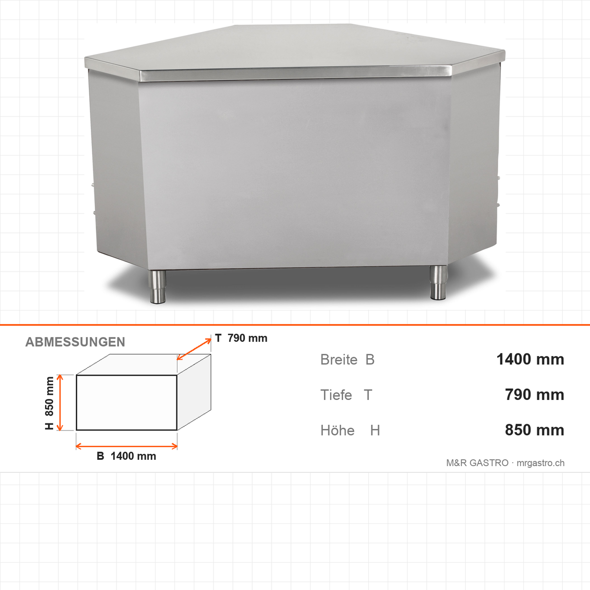 Eck-Buffettheke neutral, 0,9 m³, 1400×790×850 mm, Edelstahl, Holzfront optional – Abmessungen