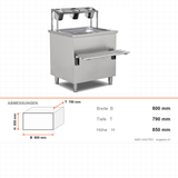Besteckstation neutral, 0,8 m³, 800×790×850 mm, Edelstahl, Holzfront optional – Abmessungen