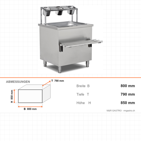Besteckstation neutral, 0,8 m³, 800×790×850 mm, Edelstahl, Holzfront optional – Abmessungen