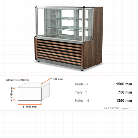 Fleischvitrine, 1,08 kW, Doppelverglasung, LED-Beleuchtung, 0/+8 °C, 1500×750×1350 mm, Edelstahl – Abmessungen