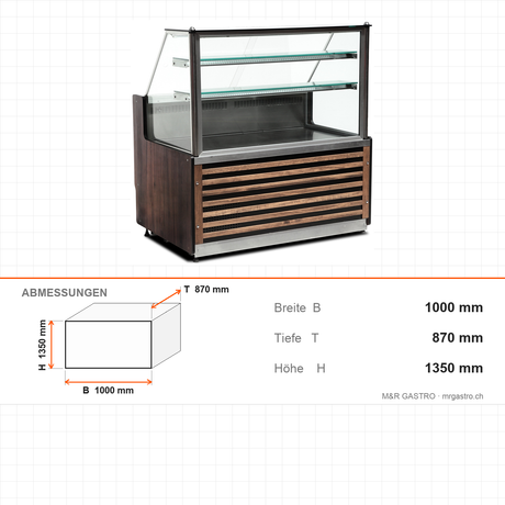 Fleischvitrine, 1,73 kW, Doppelverglasung, LED-Beleuchtung, 0/+8 °C, 1000×870×1350 mm, Edelstahl – Abmessungen