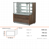 Kühlvitrine Patisserie, 1,73 kW, Doppelverglasung, LED-Beleuchtung, 0/+8 °C, 1300×750×1350 mm – Abmessungen