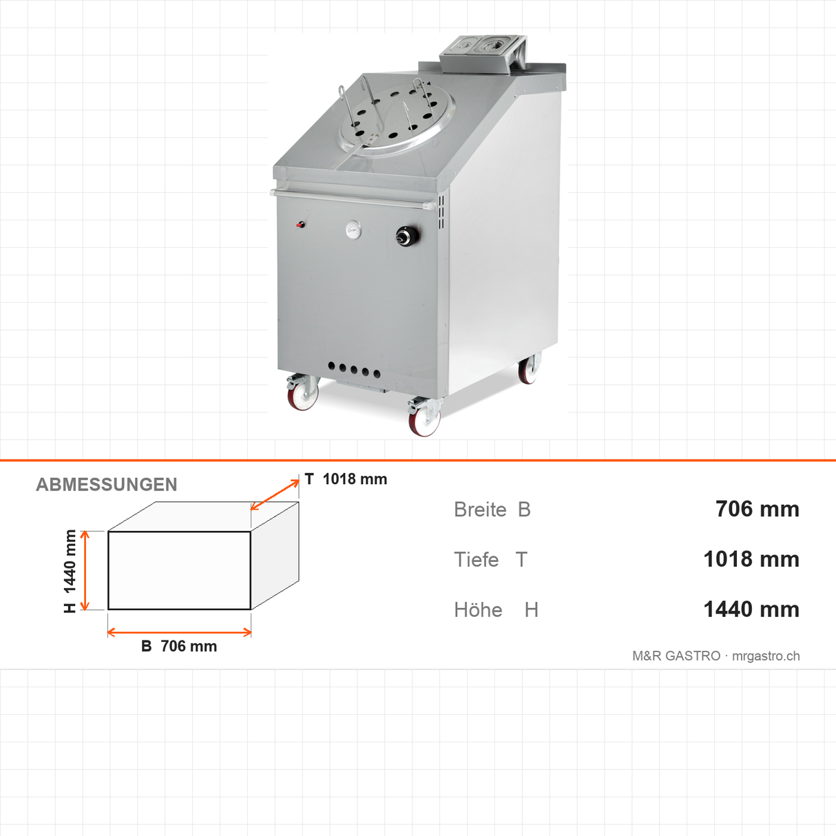 Gas-Tandoori-Ofen, 27 kW, für LPG oder Erdgas, mit 66 cm Spießen und Lavasteinen, Abtropfschale, isoliertes Edelstahlgehäuse, 706×1018×1440 mm – Abmessungen