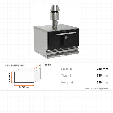 Holzkohleofen, 0,68 m³ Garraum, 500 °C, Grillrost 560×524 mm, 20 kg Fleisch/h, Edelstahl, Ascheschublade, 740×745×650 mm – Abmessungen