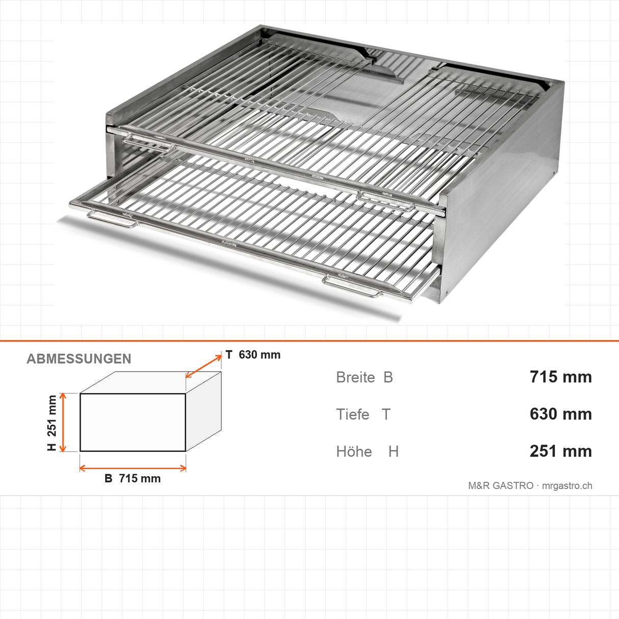 Holzkohle-Grillofen Top, Edelstahl, 20 kg/h, Grillfläche 560×524 mm, 715×630×251 mm – Abmessungen