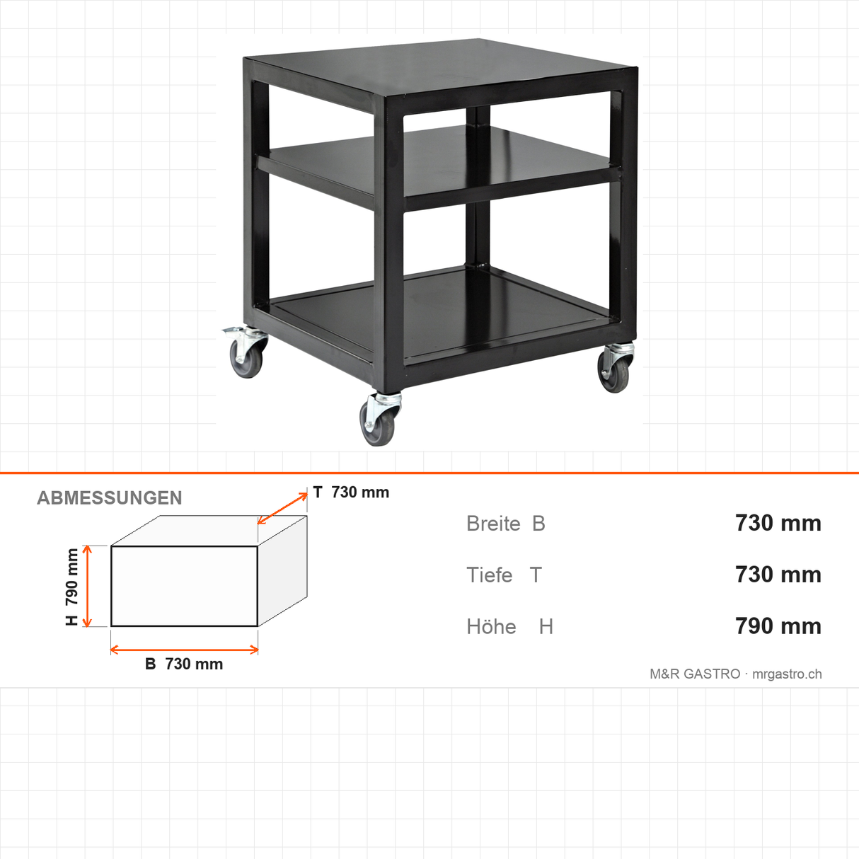 Ofen-Untergestell, Edelstahl, mit Aschelade, 730×730×790 mm – Abmessungen