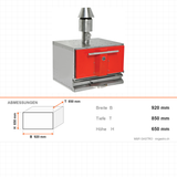 Holzkohleofen, 0,97 m³ Garraum, 500 °C, Grillrost 740×650 mm, 20 kg Fleisch/h, Edelstahl, Ascheschublade, 920×850×650 mm – Abmessungen