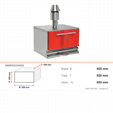 Holzkohleofen, 0,97 m³ Garraum, 500 °C, Grillrost 740×650 mm, 20 kg Fleisch/h, Edelstahl, Ascheschublade, 920×850×650 mm – Abmessungen