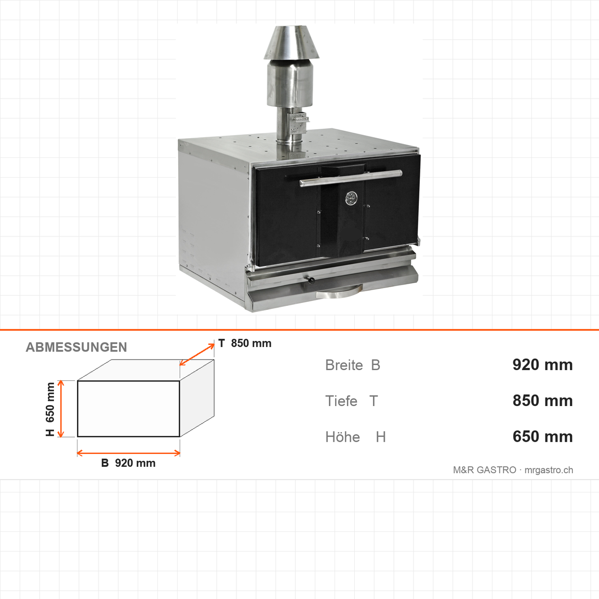 Holzkohleofen, 0,97 m³ Garraum, 500 °C, Grillrost 740×650 mm, 20 kg Fleisch/h, Edelstahl, Ascheschublade, 920×850×650 mm – Abmessungen