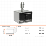 Holzkohleofen, 0,97 m³ Garraum, 500 °C, Grillrost 740×650 mm, 20 kg Fleisch/h, Edelstahl, Ascheschublade, 920×850×650 mm – Abmessungen