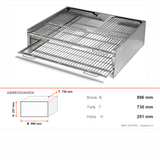 Holzkohle-Grillofen Top, Edelstahl, 20 kg/h, Grillfläche 740×650 mm, 896×730×251 mm – Abmessungen