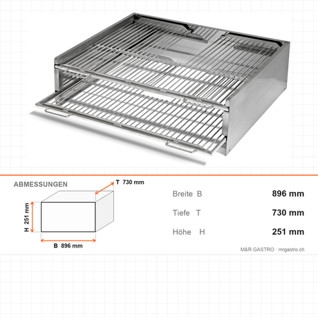 Holzkohle-Grillofen Top, Edelstahl, 20 kg/h, Grillfläche 740×650 mm, 896×730×251 mm – Abmessungen