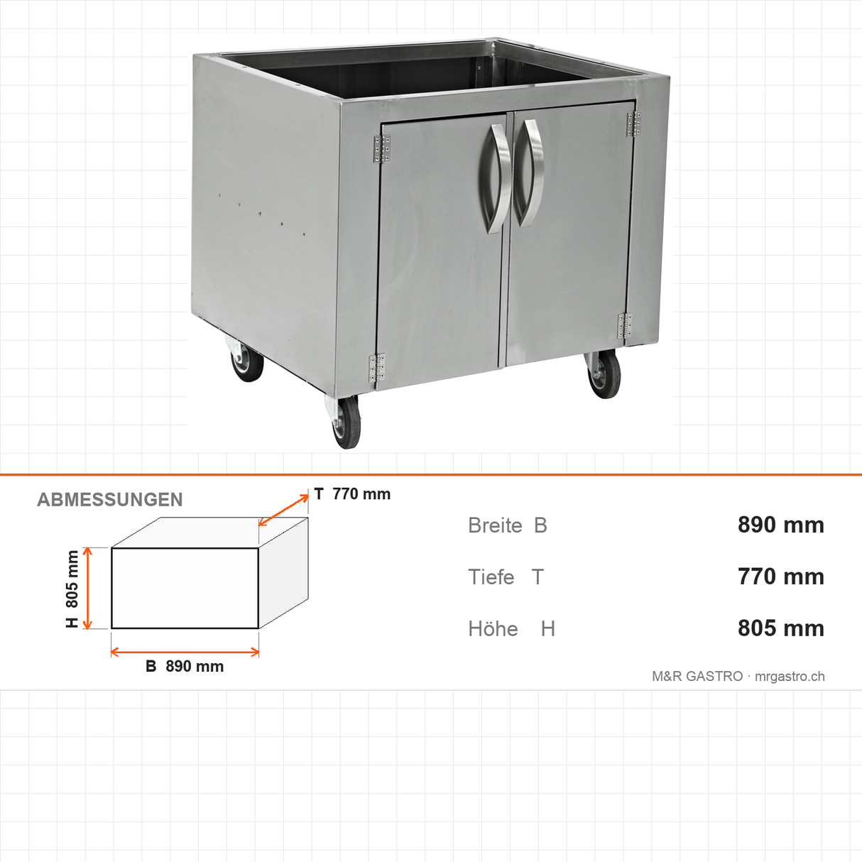 Ofen-Unterschrank, Edelstahl, mit Tür, 890×770×805 mm – Abmessungen