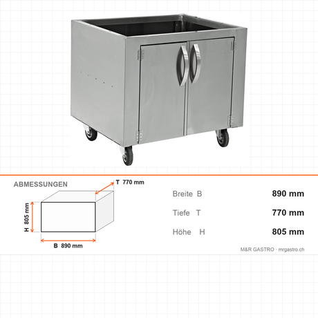 Ofen-Unterschrank, Edelstahl, mit Tür, 890×770×805 mm – Abmessungen
