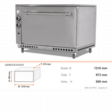 Lammbackofen Gas, einlagig, 16,5 kW, Edelstahl, 1210×973×850 mm – Abmessungen