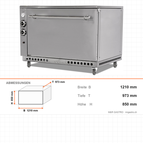 Lammbackofen Gas, einlagig, 16,5 kW, Edelstahl, 1210×973×850 mm – Abmessungen