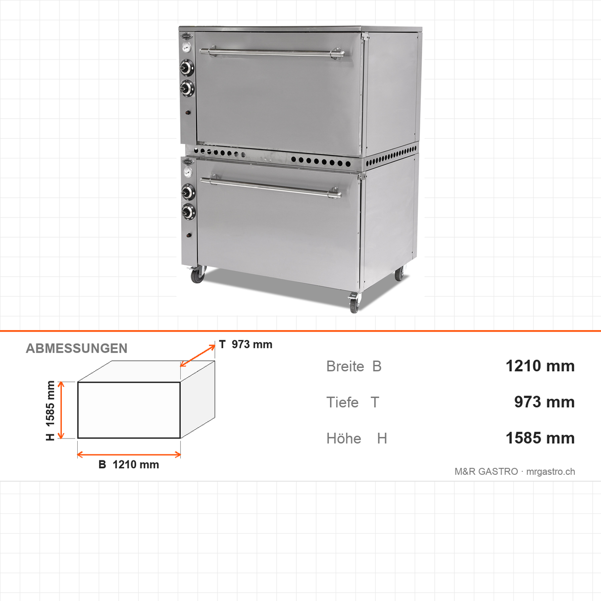 Lammbackofen Gas, doppellagig, 33 kW, Edelstahl, 1210×973×1585 mm – Abmessungen