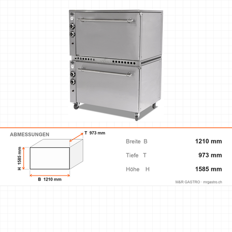 Lammbackofen Gas, doppellagig, 33 kW, Edelstahl, 1210×973×1585 mm – Abmessungen