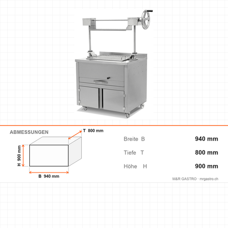 Liftgrill Holzkohle, Edelstahl, hitzebeständiges Hebesystem, Grillrost 660×530 mm, Ascheschublade, Luftklappe, 940×800×900 mm – Abmessungen