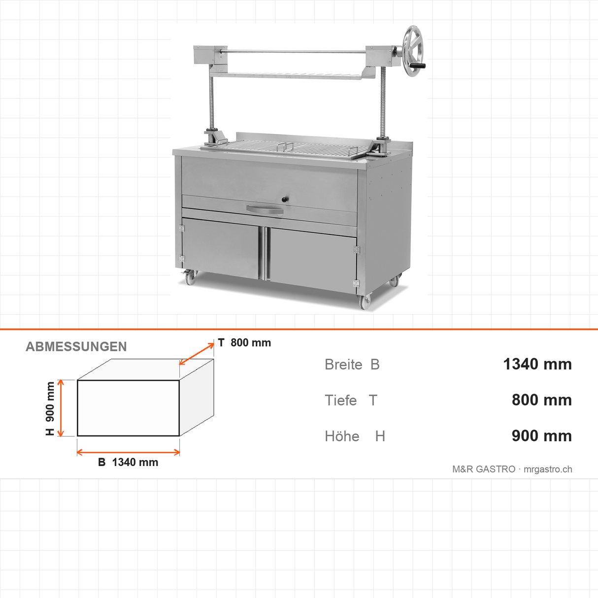 Liftgrill Holzkohle, Edelstahl, hitzebeständiges Hebesystem, Grillrost 1060×530 mm, Ascheschublade, Luftklappe, 1340×800×900 mm – Abmessungen