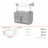 Liftgrill Holzkohle, Edelstahl, hitzebeständiges Hebesystem, Grillrost 1060×530 mm, Ascheschublade, Luftklappe, 1340×800×900 mm – Abmessungen