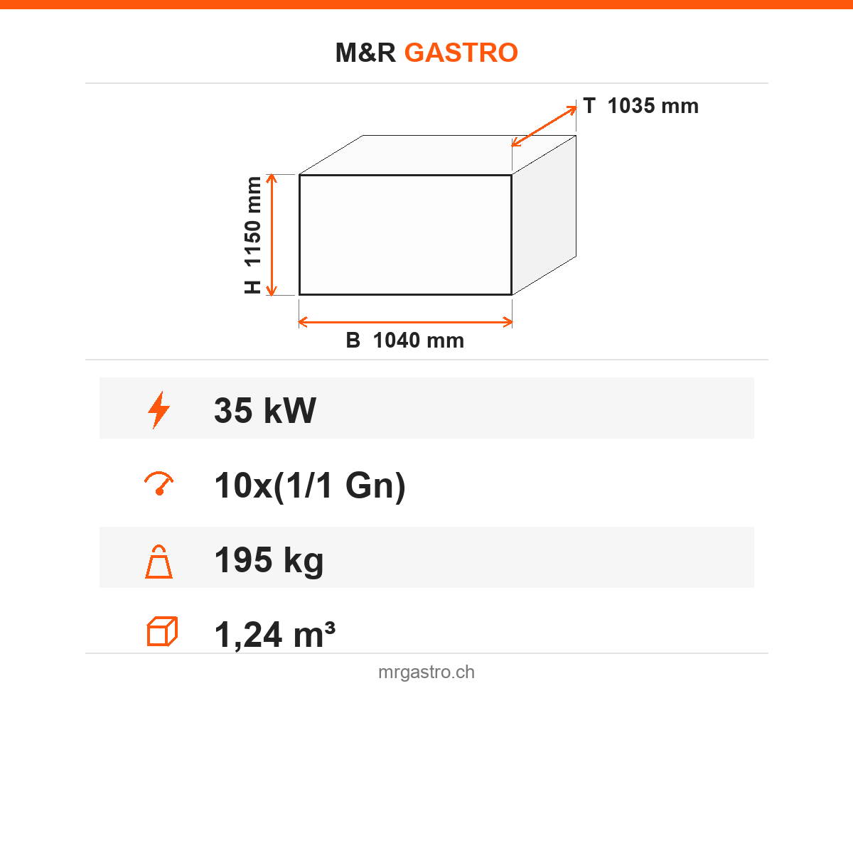 Kombidämpfer Gas, manuelles Dampfsystem, 10x GN 1/1, 35 kW, 1040×1035×1150 mm – Technische Daten