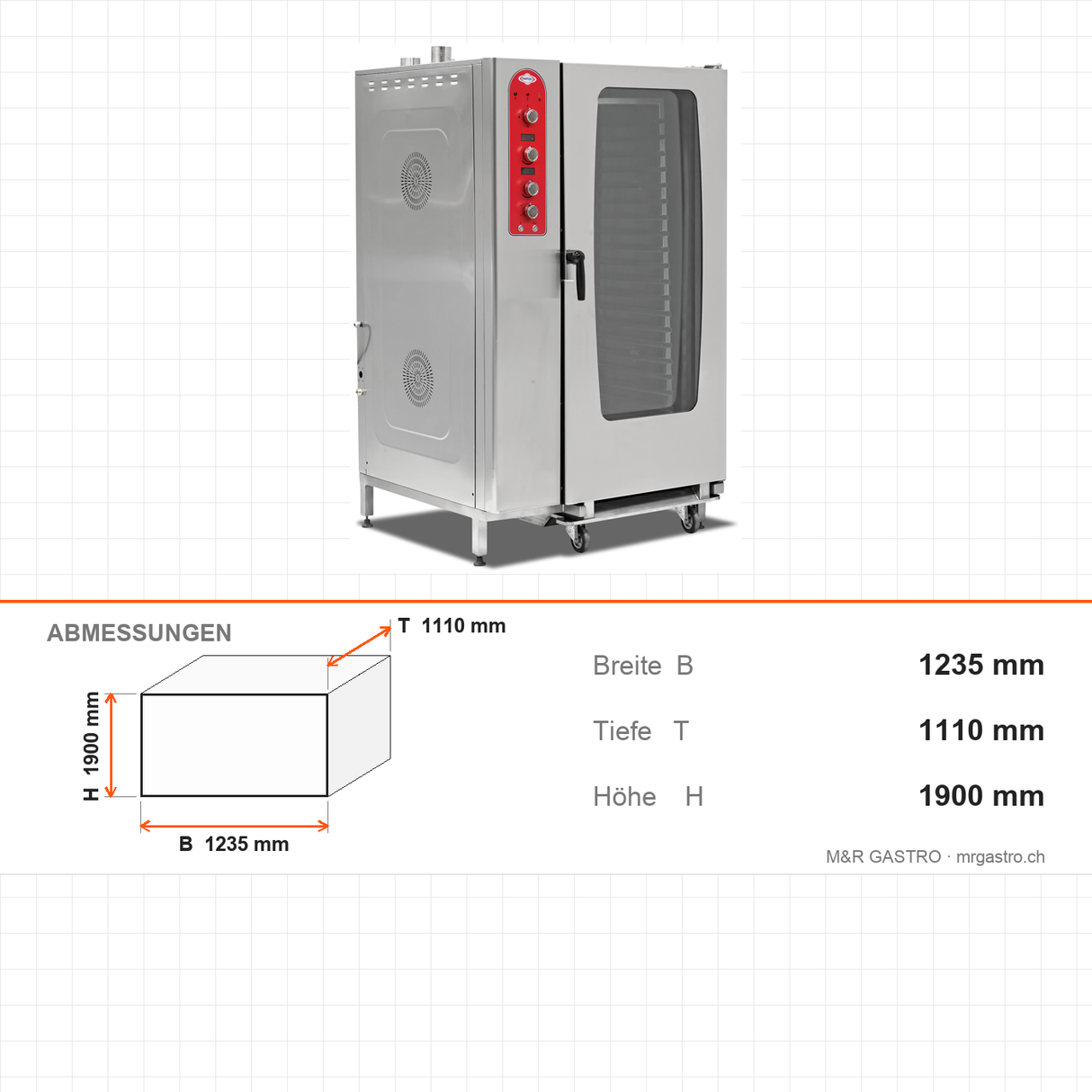 Kombidämpfer Gas, manuelles Dampfsystem, 40x GN 1/1 / 20x GN 2/1, 46,5 kW, 1235×1110×1900 mm – Abmessungen