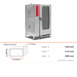 Kombidämpfer Gas, manuelles Dampfsystem, 40x GN 1/1 / 20x GN 2/1, 46,5 kW, 1235×1110×1900 mm – Abmessungen
