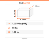Tablettwagen für Patisserie, für 12 Backbleche 40×60 cm, 1,07 m³, 58 kg, 685×900×1735 mm – Technische Daten
