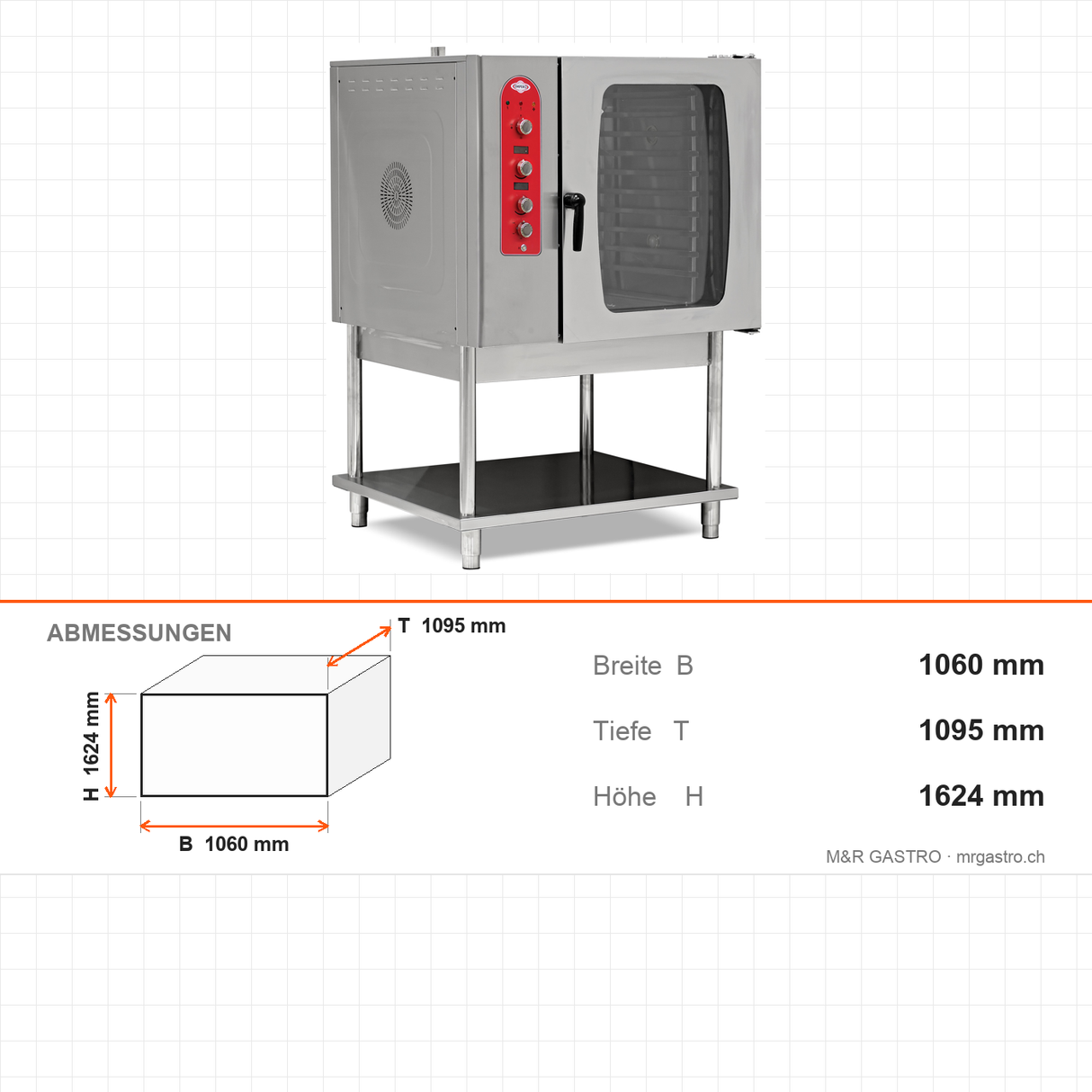 Kombidämpfer Elektro, manuelles Dampfsystem, 10x GN 1/1, 16,5 kW, 1060×1095×1624 mm – Abmessungen