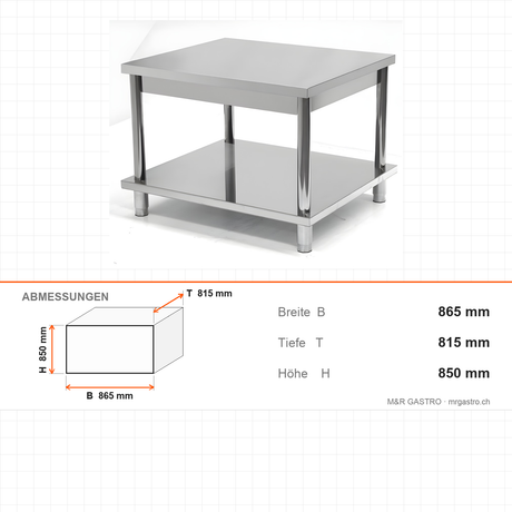 Untergestell, 0,60 m³, 865×815×850 mm, Edelstahl AISI 304 – Abmessungen