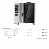 Kombidämpfer Gas, 6x GN 1/1, ECO- & PLUS-Funktion, 13,5 kW, 920×874×730 mm – Abmessungen