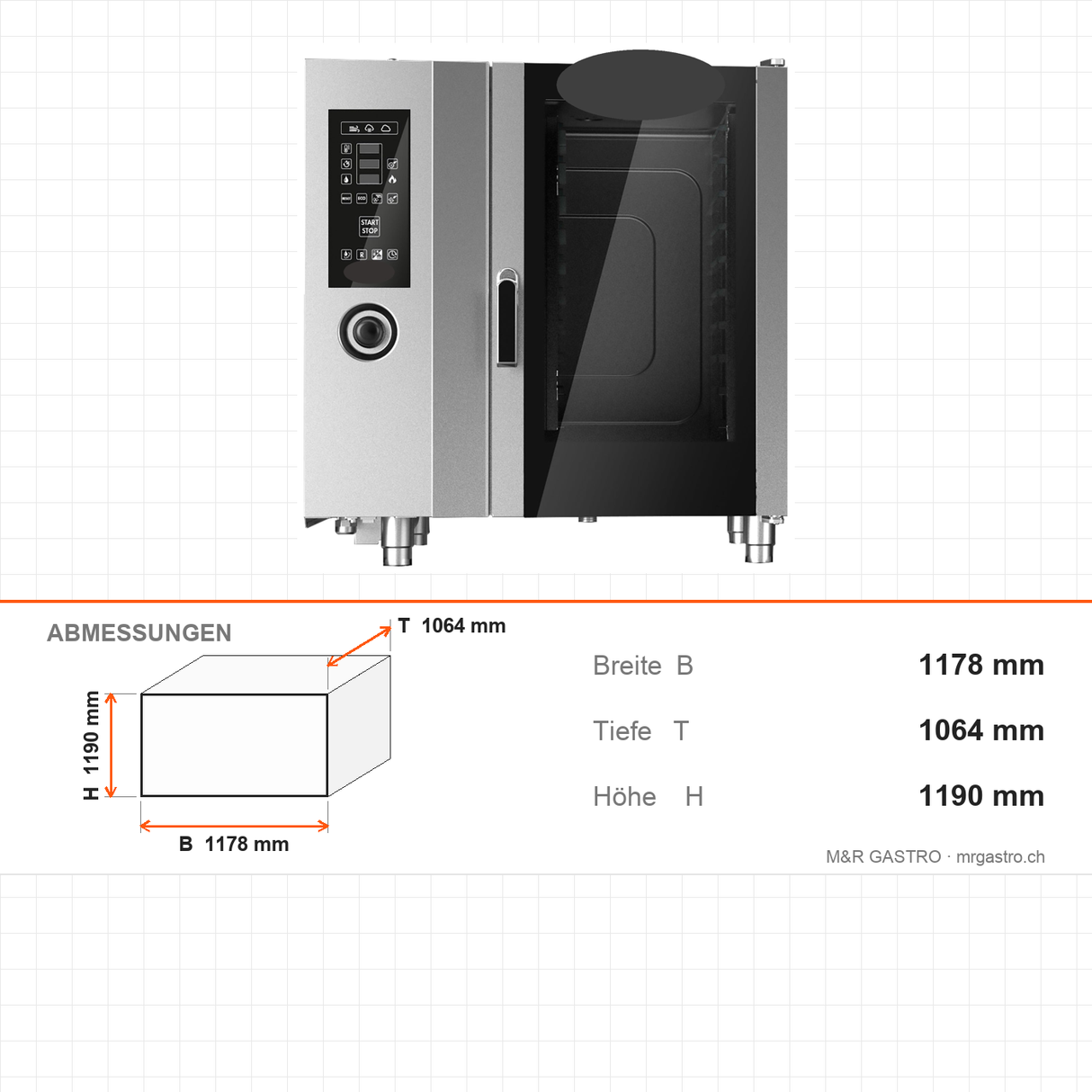 Kombidämpfer Gas, 12x GN 2/1, ECO- & PLUS-Funktion, 32 kW, 1178×1064×1190 mm – Abmessungen