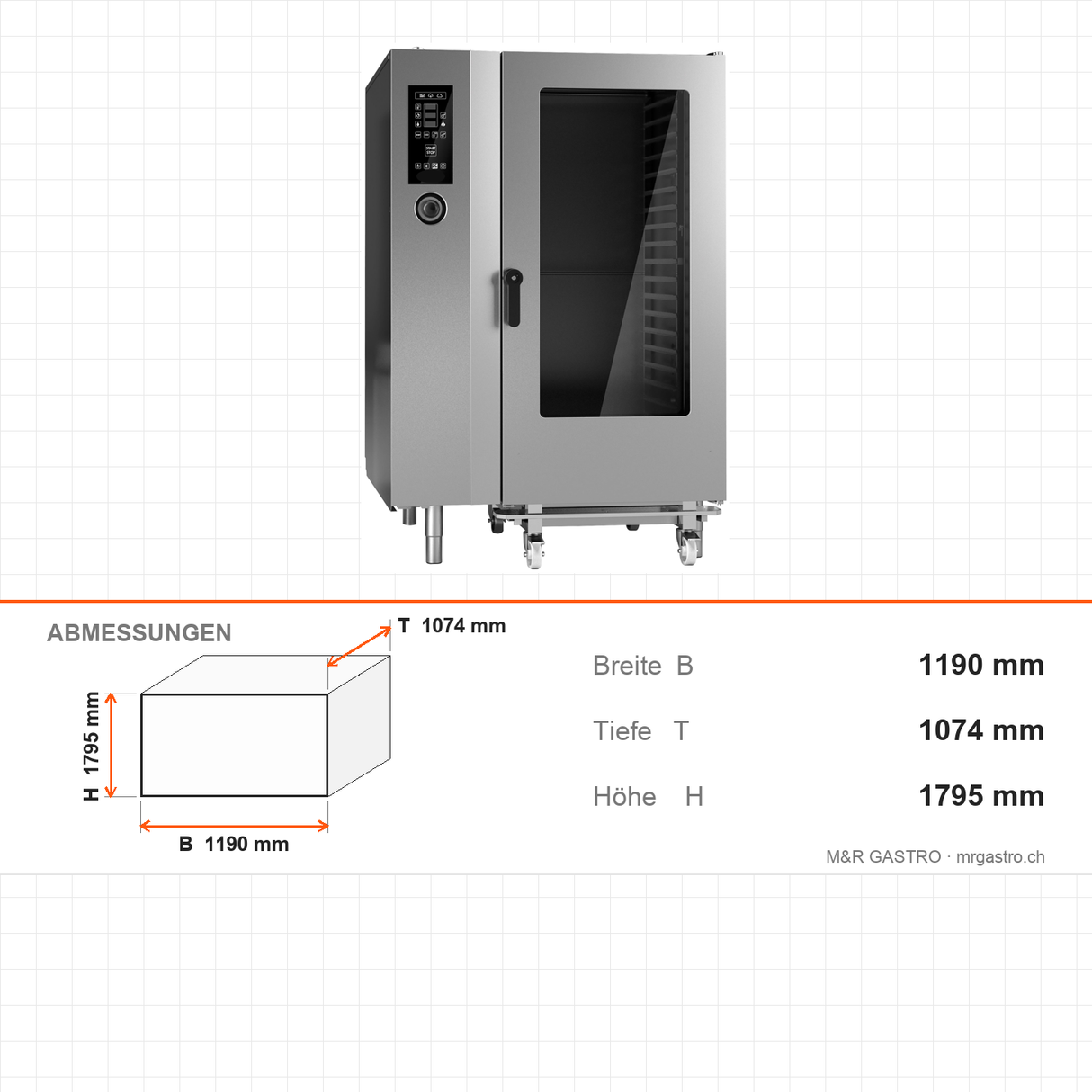 Kombidämpfer Gas, 40x GN 1/1, ECO- & PLUS-Funktion, 55 kW, 1190×1074×1795 mm – Abmessungen