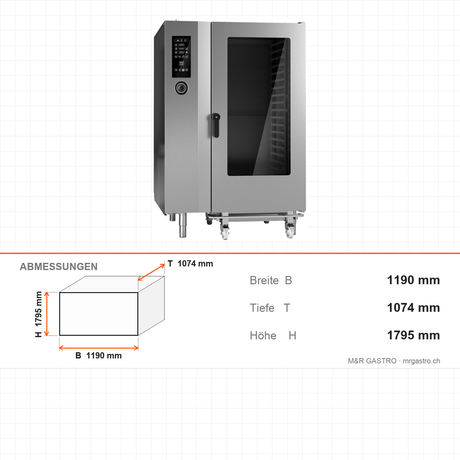 Kombidämpfer Gas, 40x GN 1/1, ECO- & PLUS-Funktion, 55 kW, 1190×1074×1795 mm – Abmessungen
