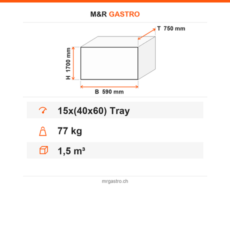 Tablettwagen, für 15 Tabletts 40×60 cm, 1,5 m³, 77 kg, 590×750×1700 mm – Technische Daten