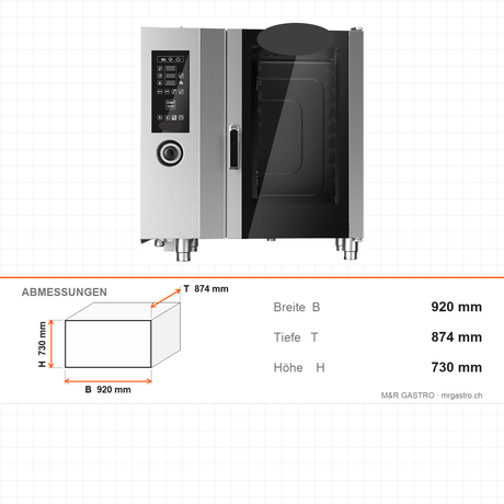 Kombidämpfer Elektro, 6x GN 1/1, ECO- & PLUS-Funktion, 10,1 kW, 920×874×730 mm – Abmessungen