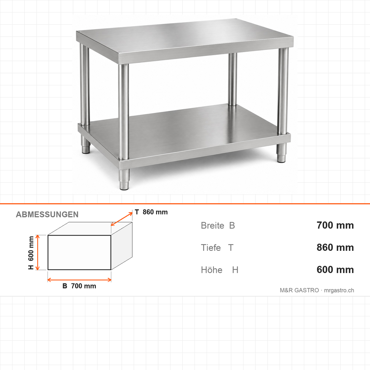 Untergestell, 0,30 m³, 700×860×600 mm, Edelstahl AISI 304 – Abmessungen