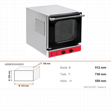 Mini-Heissluftofen Elektro, 4x GN 2/3, 3 kW, 230V, Türöffnung oben, 512×738×559 mm – Abmessungen