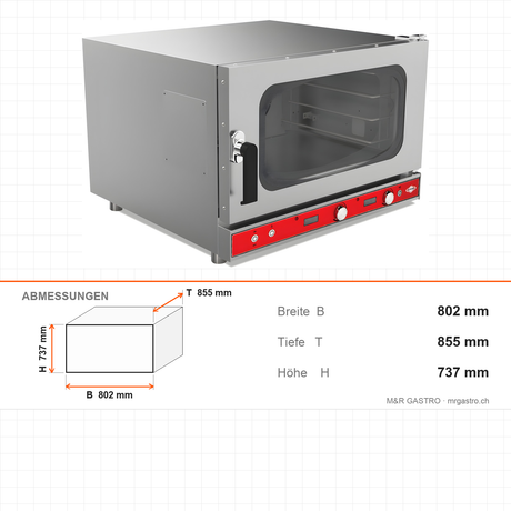 Heissluftofen Patisserie, manuelle Dampffunktion, 6x EN 600×400, 10 kW, 400V, Türöffnung seitlich, 802×855×737 mm – Abmessungen