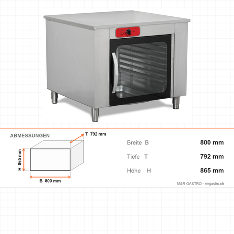 Gärschrank, digital, manueller Dampf, 8x EN 60x40, 0–90 °C, 3,2 kW, 800×792×865 mm – Abmessungen