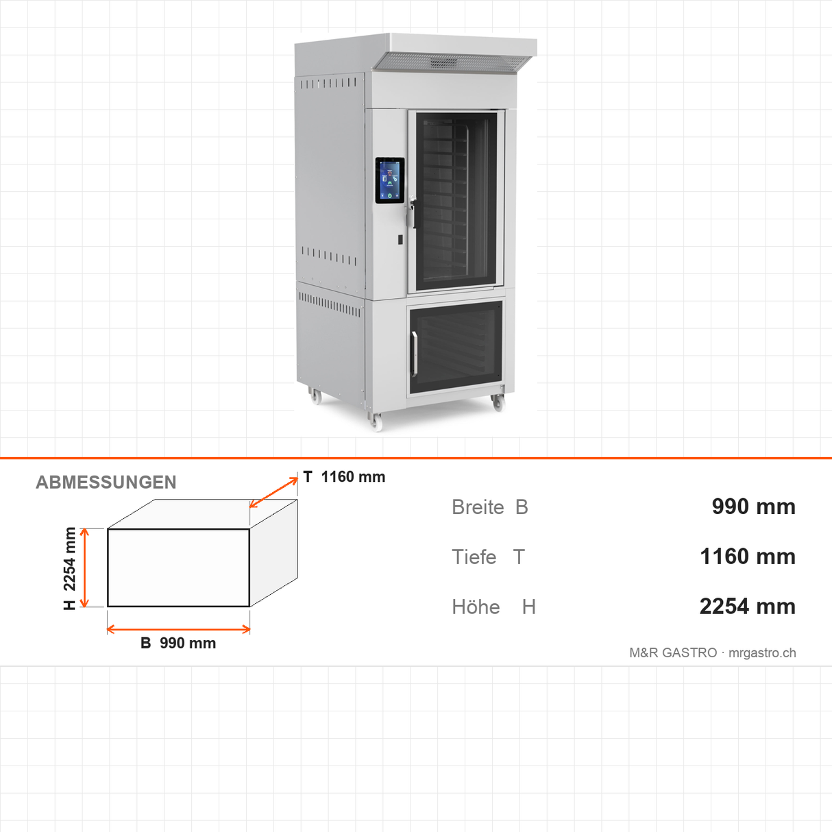 Stikkenofen Gas, Touchscreen, 10x EN 600×400, 46,43 kW, mit Gärschrank, Edelstahl, 990×1160×2254 mm – Abmessungen