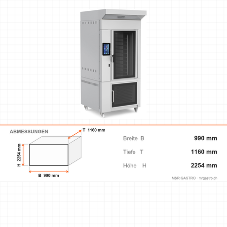 Stikkenofen Gas, Touchscreen, 10x EN 600×400, 46,43 kW, mit Gärschrank, Edelstahl, 990×1160×2254 mm – Abmessungen