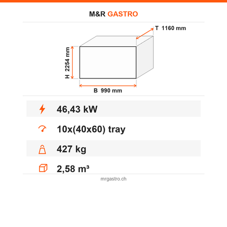 Stikkenofen Gas, Touchscreen, 10x EN 600×400, 46,43 kW, mit Gärschrank, lackiertes Gehäuse, 990×1160×2254 mm – Technische Daten