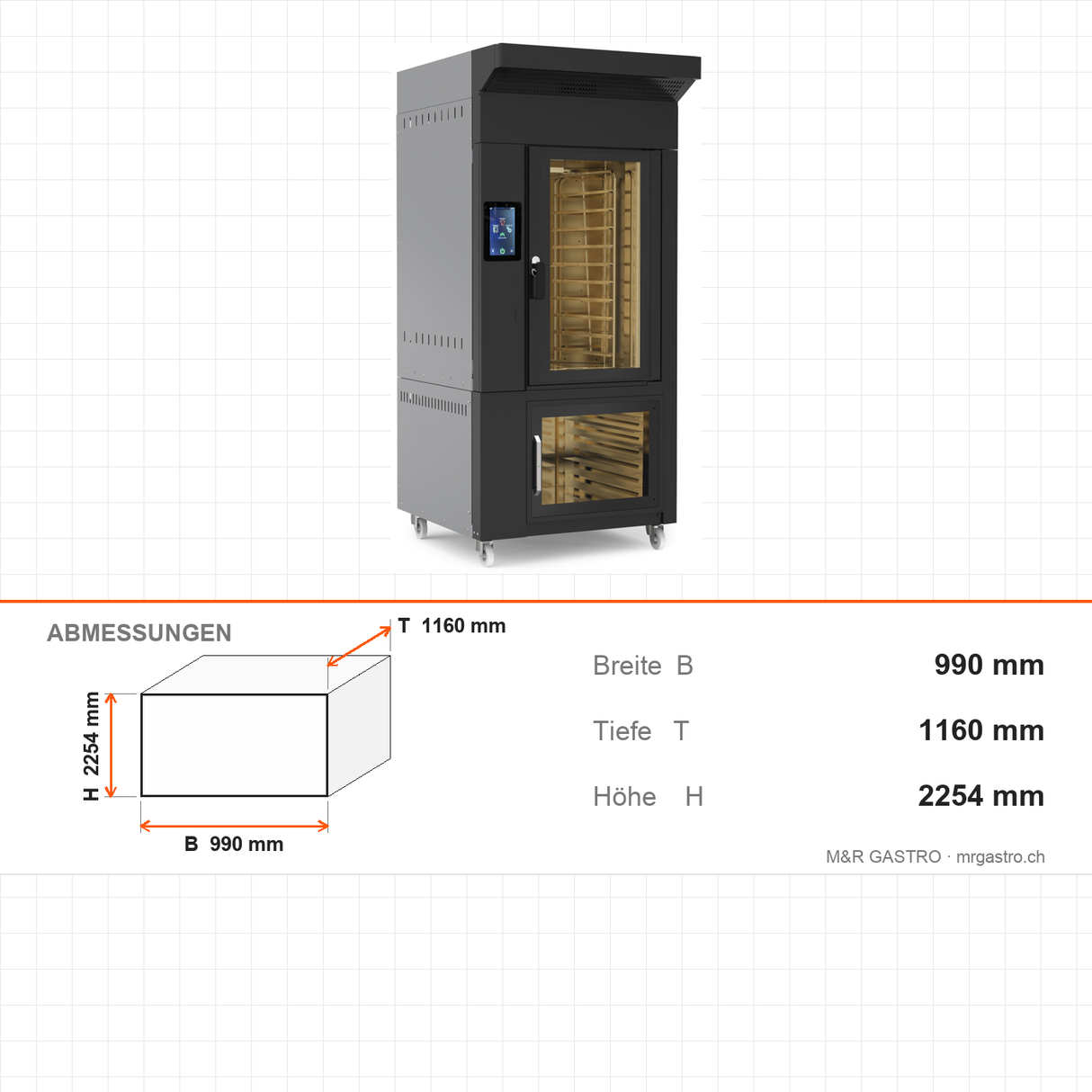Stikkenofen Gas, Touchscreen, 10x EN 600×400, 46,43 kW, mit Gärschrank, lackiertes Gehäuse, 990×1160×2254 mm – Abmessungen